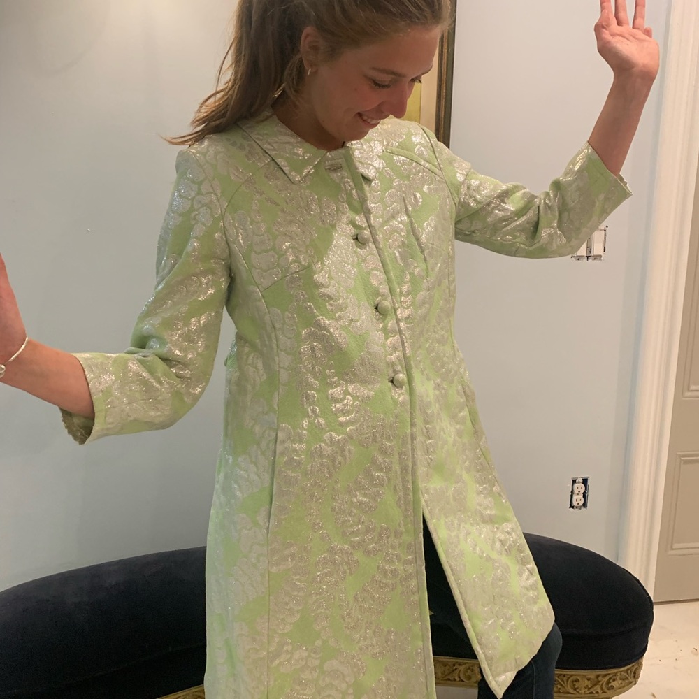 Vintage NWOT’s 50’s 60’s Metallic Brocade Silver and Lime Jackie O. Coat